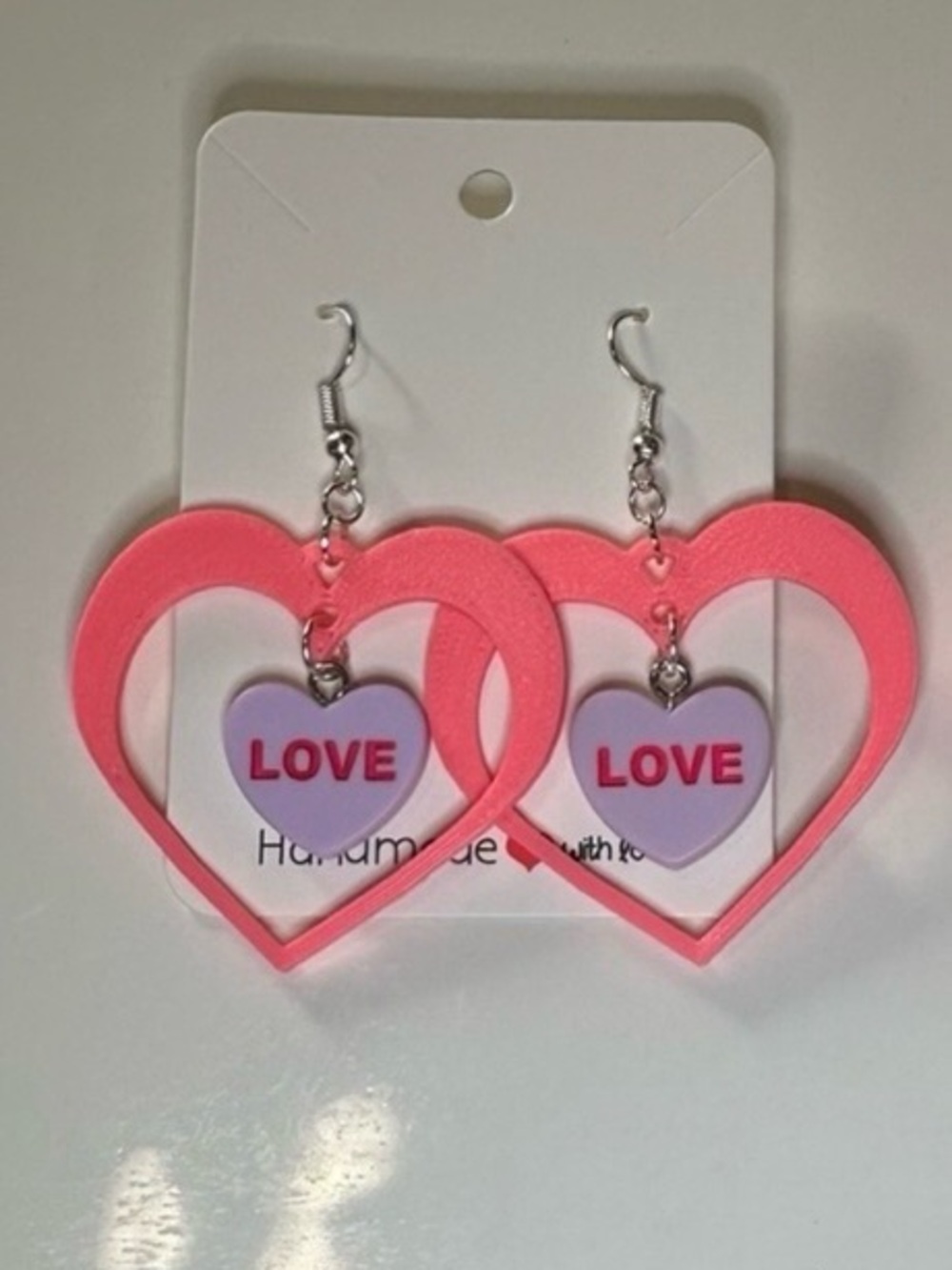 Handmade Pink Heart 'LOVE' Drop Earrings